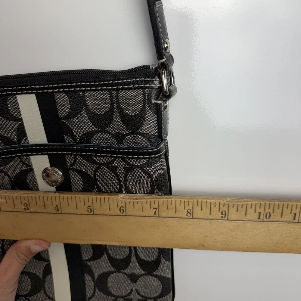 Coach Crossbody Bag Womens Small Black Signature Avary Canvas Stripe Blue Lining
